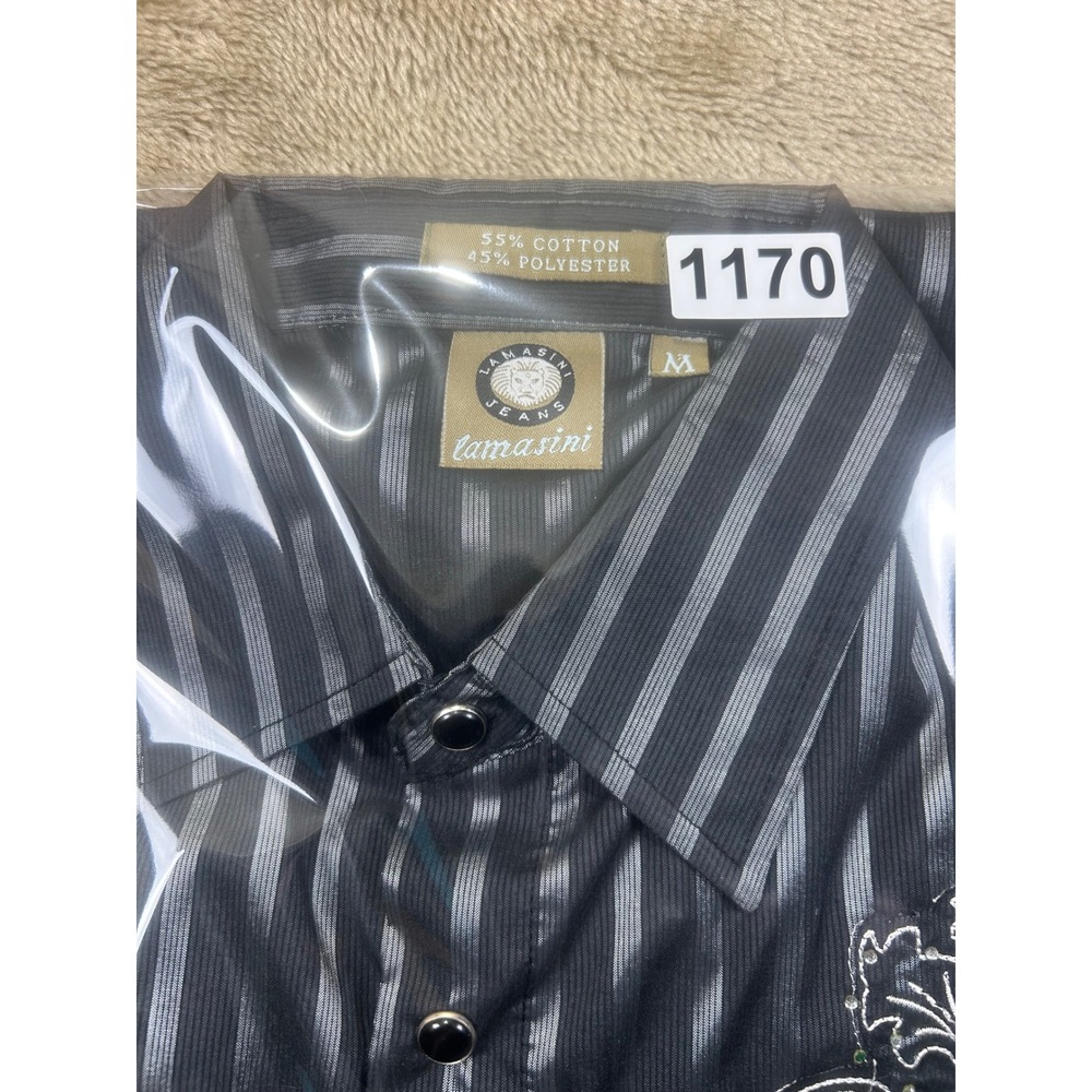 Lamasini Mens M Black Silver Striped Embroidered Rhinestone Snap Button‎ Western - Picture 7 of 7